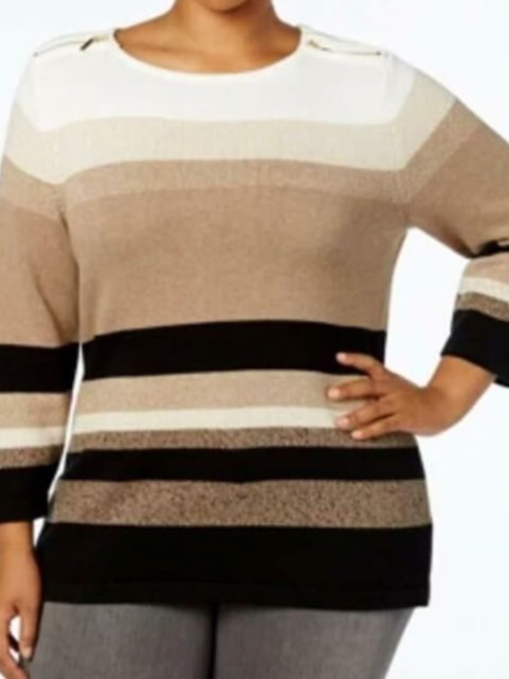 NEW! SIZE 1X-LARGE 1XL $50 RETAIL! KAREN SCOTT COTTON STRIPED ZIP SWEATER KHAKI